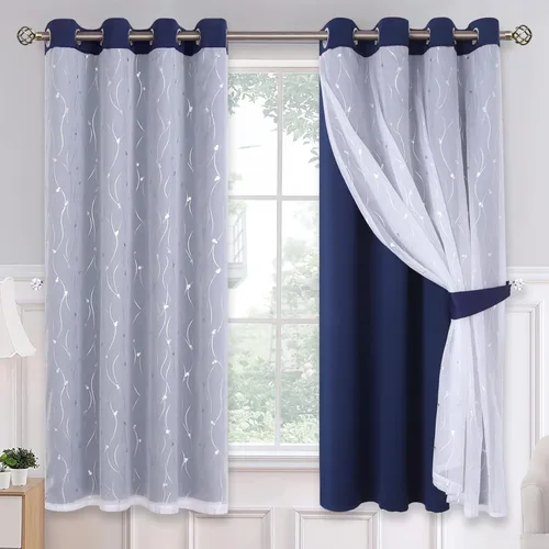 Miniatura 22 de BGment Cortinas de oscurecimiento de habitación con superposición transparente, cortinas de tul estampado plateado de doble capa para sala de estar