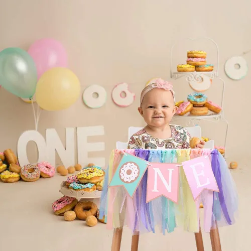 Miniatura 5 de Cartel de cumpleaños de 1 a 2 años de edad – Cartel para silla alta de cumpleaños con tema de dona, un grupo de tutú de cinta de arco iris suave