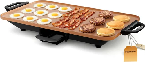 CookSimple Everyday - Plancha eléctrica de 20"x12", superficie cerámica PPG antiadherente de 1700W, diseño plano grande, perfecto para comidas