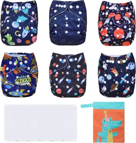 Miniatura 29 de TDIAPERS Pañales de tela reutilizables, lavables, de bolsillo, talla única, ajustable para pañales de tela a presión, paquete de 6 con 6 insertos