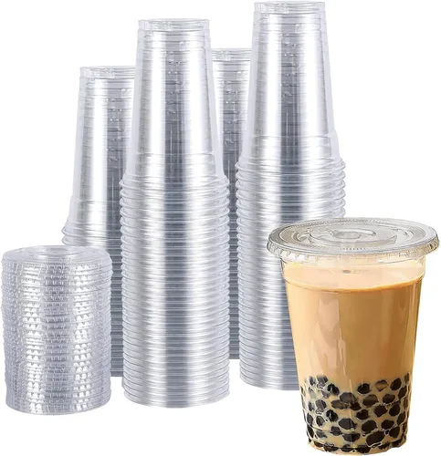 TashiBox vasos de plástico con tapas [20 oz 100 vasos y 100 tapas planas], vasos desechables de plástico transparente de cristal, vasos para batidos