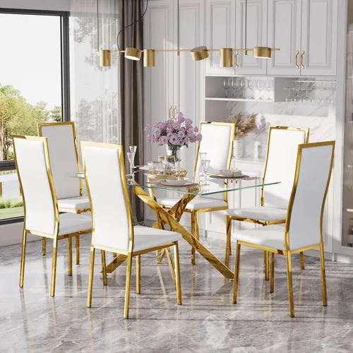Miniatura 25 de Juego de mesa de comedor de cristal dorado moderno de 63 pulgadas para 6, juego de mesa de cocina rectangular de 7 piezas con patas de acero Negro
