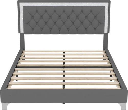Miniatura 6 de Merax Cama de plataforma tapizada, tamaño Queen, tela de terciopelo LED, marco de cama de madera con luces LED y cabecera copetuda para dormitorio