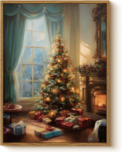Miniatura 11 de Arte de pared con trineo, árbol navideño y cajas de regalo, 12 x 16 pulgadas, lienzo enmarcado de Navidad, cuadro rústico festivo, obra de arte