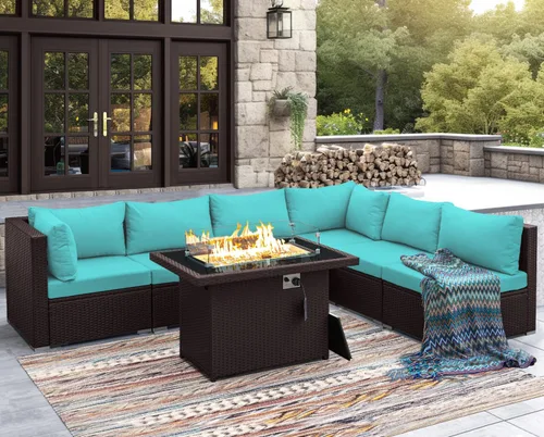 Miniatura 90 de NICESOUL Juego de muebles de patio para exteriores de 7 piezas con mesa para hoguera, gas natural y propano convertible, respaldo alto de 29.3