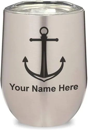 Miniatura 23 de LaserGram Vaso de vino de acero inoxidable de doble pared, ancla de barco, grabado personalizado incluido (negro)