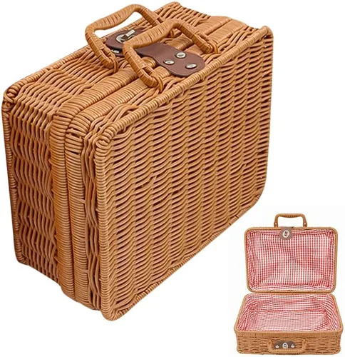 Maleta de ratán cesta de almacenamiento tejida a mano de mimbre vintage maleta organizador de maquillaje bolsa de ratán cesta de picnic para viajes
