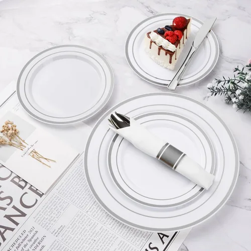 Miniatura 3 de BESTVIP Juego de vajilla de plástico plateado de 350 piezas, platos de fiesta desechables para 50 invitados, incluye: 100 platos de plástico, 50