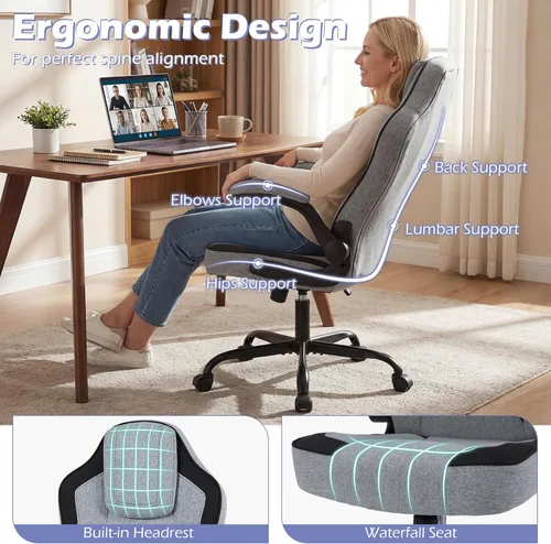 Miniatura 4 de Giantex Silla de oficina ergonómica, silla de escritorio de tela de lino con reposabrazos abatibles de 90°, altura ajustable, función mecedora, Gris