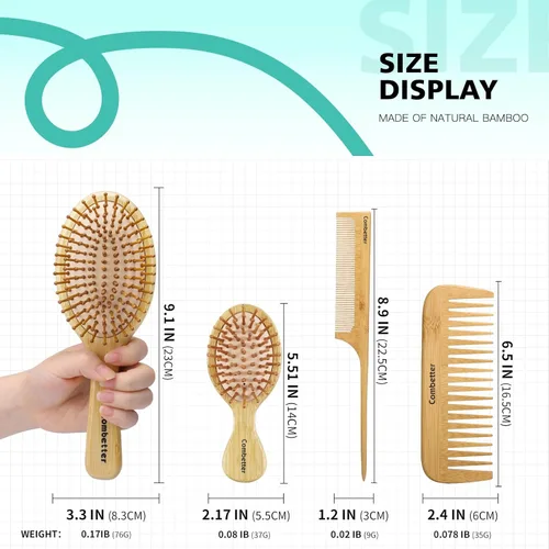 Miniatura 4 de Combeter Juego de cepillo y peine de bambú (4 piezas) – Peine desenredante natural y ecológico para mujeres, hombres y niños, reduce