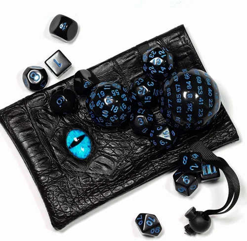 Miniatura 2 de Juego completo de 15 dados poliédricos DND D3-D100 con bolsa de dados de ojo de dragón, dados D100 para juegos de mesa RPG (negro con números azules)