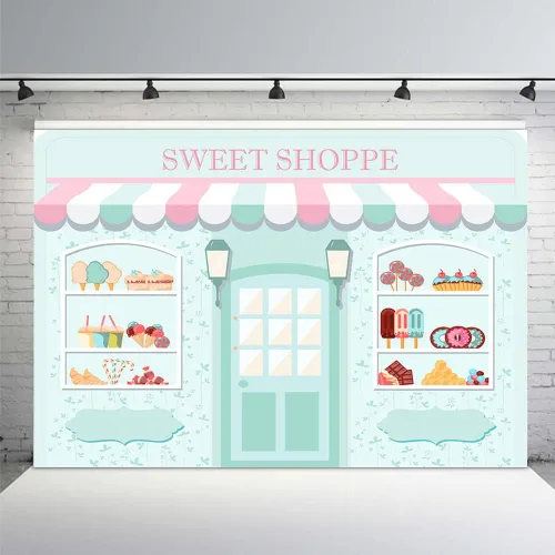 Miniatura 14 de MEHOFOND Telón de fondo Sweet Shoppe de 5 x 3 pies para niña, fondo de fotografía de cumpleaños, pancarta de fiesta para niños, baby shower, dona