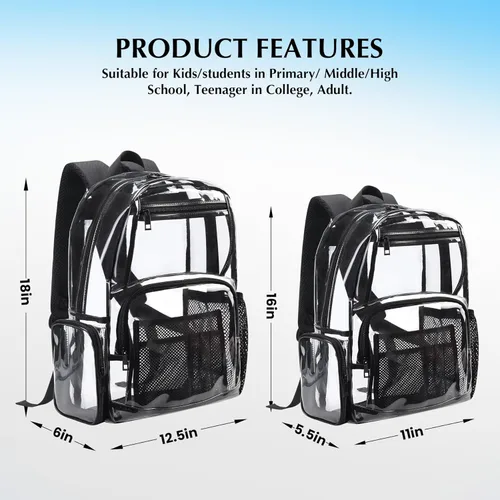 Miniatura 6 de BORMELUN Mochila Ligera Transparente para Escuela, Mochilas Transparentes para Trabajo, Estadio, Concierto, Plástica, Transparente, Negro, X-Grande