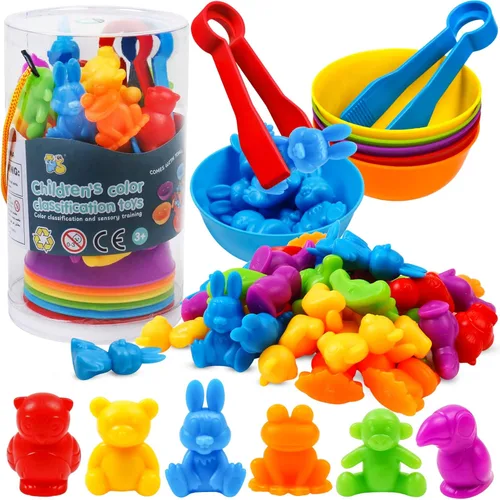 Juguetes de clasificación de colores para contar juegos de animales a juego con cuencos de arcoíris, aprendizaje preescolar educativo Montessori,