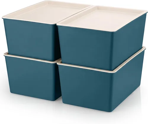 Miniatura 14 de Menkxi 4 Piezas Contenedores de Almacenamiento con Tapas Contenedores Apilables de Plástico para Organizar Estantes Caja de Adornos Navideños Cestas