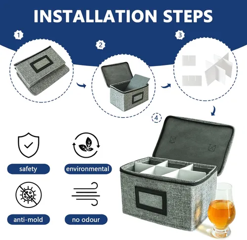 Miniatura 5 de HURZMORO Caja de almacenamiento para vaso de whisky Glencairn, 6 soportes para vasos de whisky para organizador, interior totalmente acolchado