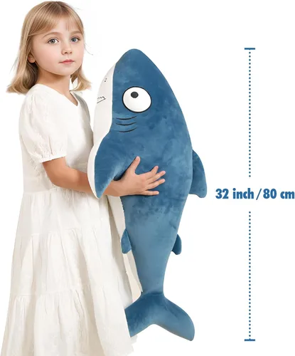 Miniatura 2 de Peluche de tiburones gigantes azules de 32 pulgadas, animales de peluche de tiburón ballena grande, almohada corporal blanda de pez marino grande