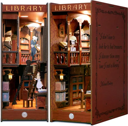 Dolphin Island Kit de rincón de libros en miniatura para adultos, rompecabezas de madera 3D, estante de biblioteca, decoración de diorama, regalos