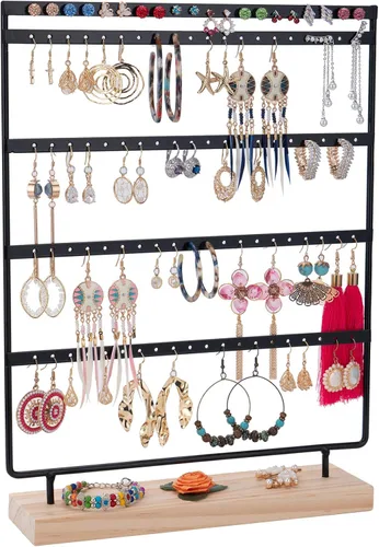 Soporte organizador de aretes con 100 agujeros, 5 niveles, organizador de joyas, estante de base de madera, almacenamiento de aretes para niñas