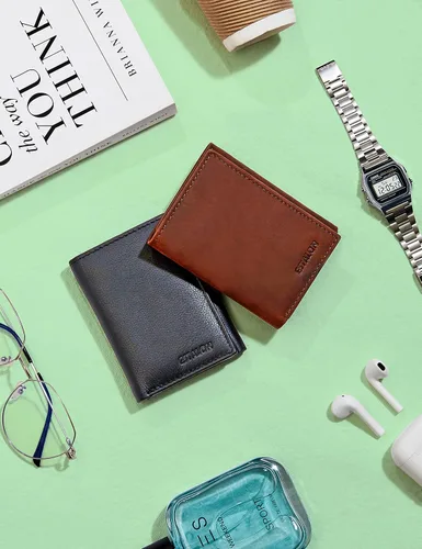 Miniatura 9 de Carteras RFID delgadas para hombre, billetera triple con bolsillo frontal de cuero genuino, Cartera RFID