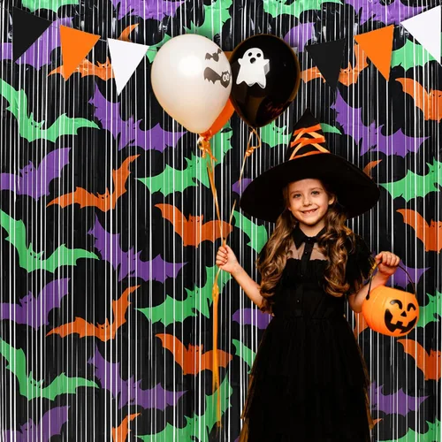 Miniatura 5 de Cortinas de flecos de aluminio negro para decoración de Halloween, paquete de 2 telón de fondo de oropel para accesorios de cabina de fotos