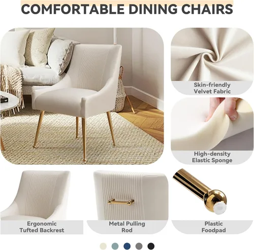 Miniatura 6 de Sillas de comedor modernas, sillas de comedor tapizadas en terciopelo con patas doradas, juego de 2 sillas de acento con capitoné para sala de Beige