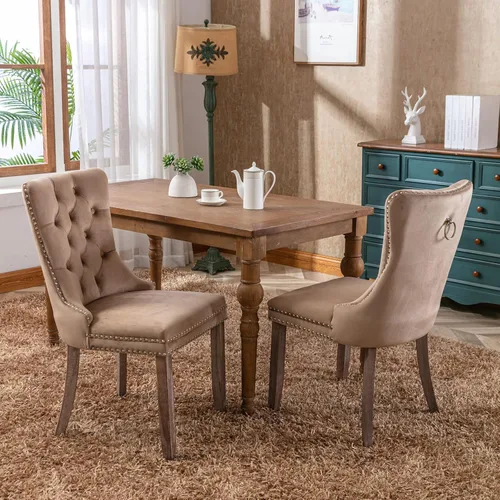 Miniatura 9 de Merax Juego de 2 sillas de comedor de terciopelo, sillas de comedor tapizadas de alta gama con patas de madera, adornos de cabeza de clavo