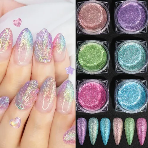 Miniatura 2 de 6 unidades Aurora Rainbow Candy en polvo para uñas, diamantes arena en polvo iridiscente brillante efecto de azúcar, purpurina, lentejuelas