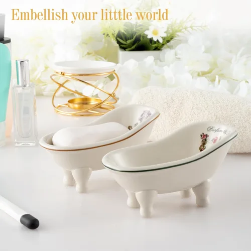 Miniatura 2 de Jabonera de baño de cerámica retro para ducha, 2 piezas, mini bañera de porcelana de 5.6 pulgadas, soporte de jabón autodrenante para decoración