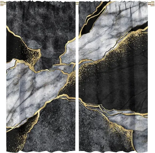 Miniatura 12 de Cortinas abstractas de mármol de lujo de lujo azul marino dorado a rayas con patrón de mármol estampado para dormitorio, sala de estar, cortinas