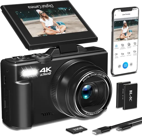 Cámara digital 4K para fotografía, cámara de videoblogs de 64 megapíxeles para YouTube con pantalla giratoria de 3" 180°, cámara compacta de zoom