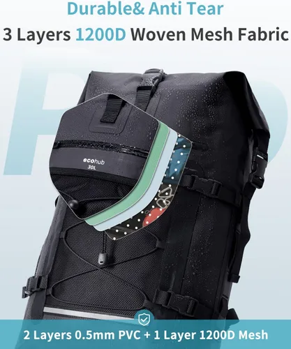 Miniatura 6 de ECOHUB Mochila impermeable para mujeres y hombres, bolsa seca resistente de 30L con cierre enrollable para viajes con funda impermeable IPX8
