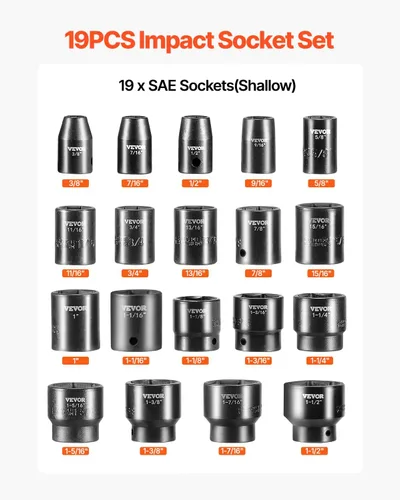 Miniatura 3 de VEVOR Impact Drive - Juego de llaves de vaso de 1/2 pulgada, 19 piezas SAE, surtido de enchufes estándar, (3/8 pulgadas a 1-1/2 pulgadas) enchufes
