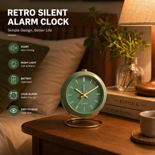 Miniatura 2 de AYRELY® Relojes Despertadores de Escritorio a Batería con Luz, Reloj Analógico Pequeño Retro Silencioso Sin Tictac, Reloj de Mesa Fuerte para Mesita