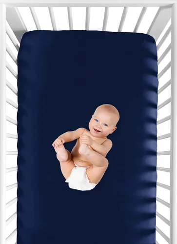 Miniatura 4 de Sweet Jojo Designs Sábana bajera ajustable para cuna para bebé o niño pequeño, color azul marino sólido para colección deportiva de parche de béisbol