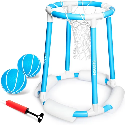 Sloosh Juego de aro de baloncesto para piscina, juego flotante de baloncesto, flotadores de natación con bomba de bolas, juguete de juego acuático