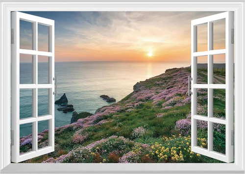Miniatura 17 de FLFK Adhesivo de pared con ventana falsa - Mural de pared con ventana falsa de atardecer en la playa para decoración de pared, adhesivos de pared