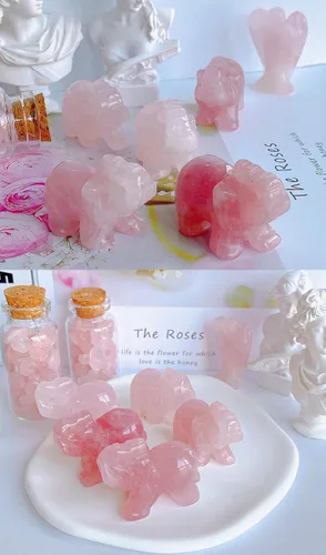 Miniatura 5 de Decoración de elefante de cuarzo rosa, cristales rosados, piedras curativas, figura de bolsillo, estatua de cristal natural, escultura tallada a