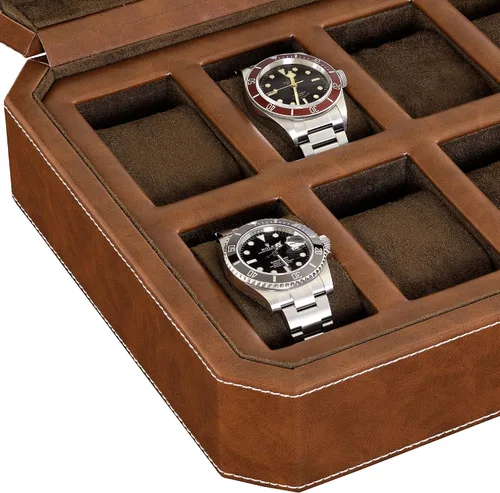Miniatura 6 de ROTHWELL Caja de reloj de cuero con 12 ranuras, organizador de lujo para relojes, forro de microgamuza, soporte para relojes de joyería para hombre