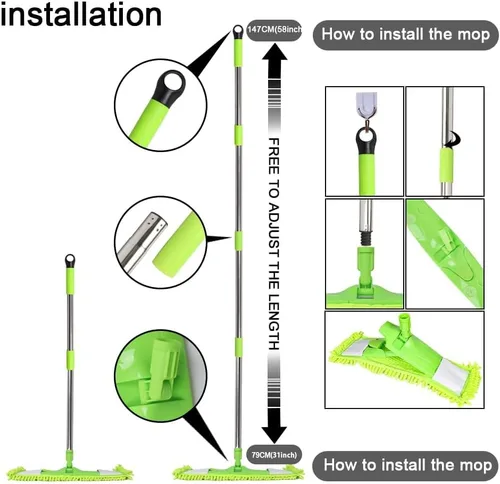 Miniatura 7 de Trapeador antipolvo para limpieza de suelos con 2 almohadillas de felpilla lavables y mango largo extensible, trapeador plano seco y húmedo con Verde