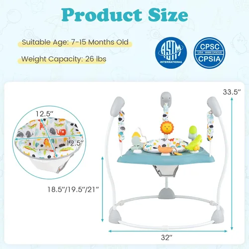 Miniatura 6 de BABY JOY Centro de actividades para bebés, puentes y gorilas con música, asiento giratorio de 360°, 3 alturas ajustables, centro de actividades Azul