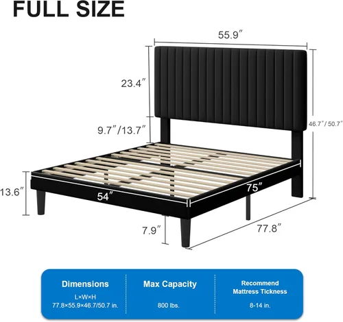 Miniatura 2 de GOLDORO Base de cama tapizada de terciopelo de tamaño matrimonial con cabecera capitoné de canal vertical, soporte de listones de madera,