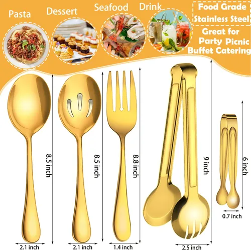 Miniatura 2 de 10 piezas de utensilios de servir de acero inoxidable, cucharas grandes para servir con ranuras, tenedores para servir, pinzas para servir, pinzas