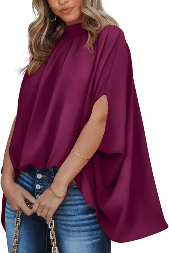 Miniatura 94 de BTFBM Blusas de verano para mujer, cuello alto falso, manga murciélago, holgadas, dobladillo alto y bajo, blusas informales de gran