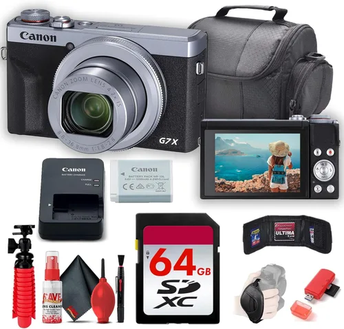 Canon PowerShot G7 X Mark III cámara digital (plata) (3638C001) + tarjeta de memoria de 64 GB + lector de tarjeta + estuche + trípode flexible +