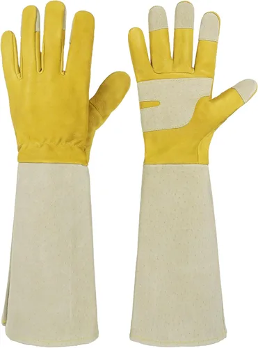 Miniatura 16 de HANDLANDY Guantes de jardinería de cuero, guantes largos a prueba de espinas, guantes de jardín resistentes, longitud al codo, guantes de poda