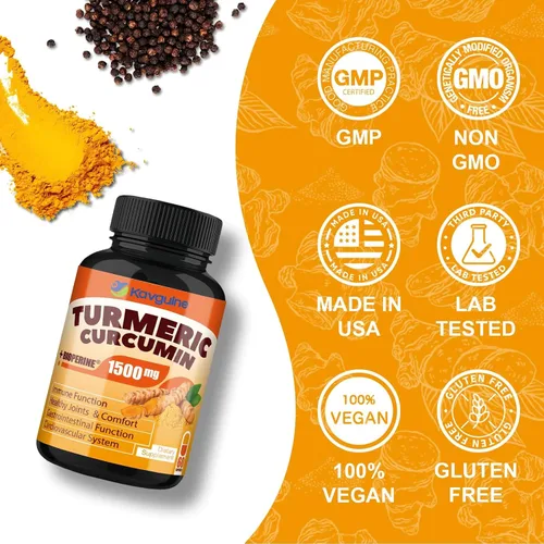 Miniatura 6 de Suplemento de curcumina de cúrcuma con pimienta negra, cápsulas orgánicas de cúrcuma de 1650 mg, 95% de curcuminoides, cúrcuma para apoyo articular