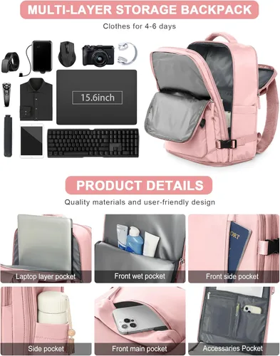 Miniatura 5 de VGCUB - Mochila grande para viaje, trabajo, negocios, mochila para laptop aprobada como equipaje de mano para vuelos, unisex, Rosa (Pure Pink)
