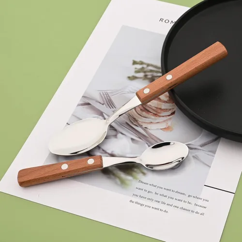 Miniatura 6 de Juego de 8 cucharas de espresso, juego de cubiertos de acero inoxidable 304 con mango de madera, cucharas pequeñas para postre, té, aperitivo, café