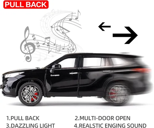 Miniatura 3 de BDTCTK 1/24 Highlander Modelo de Coche, Vehículo de Juguete de Aleación de Zinc con Sonido y Luz para Niños, Regalo para Niños y Niñas (Negro)